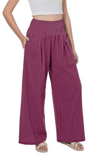 Lofbaz Donna Estate Cotone e Lino a Gamba Larga Fluttuante Pantaloni Palazzo Spiaggia a Vita Alta Boho Lunghi da Relax con Tasche Fucsia L