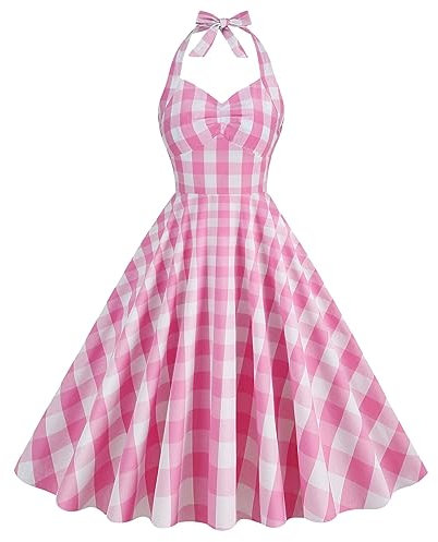 Robe Noire Hiver Robe Rockabilly des années 1950 pour femme sans manches licou cou robe de cocktail vintage à carreaux rétro robe trapèze une ligne élégante robe de soirée de mariage Robe (Pink, XXL)