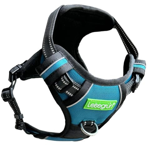 Leisegrün Brustgeschirr Corby Reflect, Hundegeschirr mittelgroße Hunde, 3 Metallringe, kein Ziehen, reflektierend, mit Frontclip und Griff, verstellbar, Größe M, Blau
