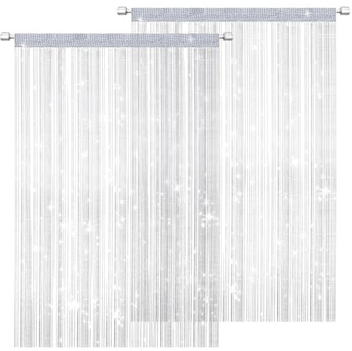 DALAETUS 2 Stück Fadenvorhang Set, 100 x 200 cm Fadengardine Glitzer, Balkontür Fliegengitter, Fliegenvorhang für Türen & Fenster(Weiß)