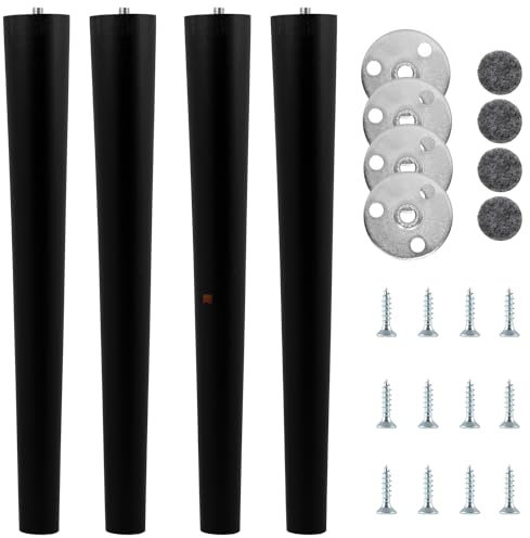 4er Set Holz Möbelfüße Schwarz, Massivholz Schrankfüße, Höhe 36cm, Runden Konisch Ersatz Möbelbeine, Beine mit Montageplatten, Schrauben und Filzgleiter, Kegel Tischbeine für Sofa Stuhl Schemel