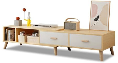 cadciehe 198.1 cm TV-Ständer Versenkbarer TV-Schrank Entertainment Center mit 2 Schubladen und offenem Regal Fernsehtisch TV-Tisch Medienkonsole für Wohnzimmer Hellbraun