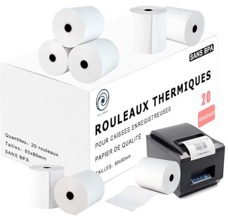 Rollgenio 50 Bobine Rouleaux thermique 80x80mm papier pour caisse enregistreuse, terminal POS,imprimante EPOS