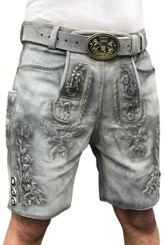 Oktoberfest Lederhose, Trachtenlederhose kurz aus Wildbock Leder, Bayrische Lederhose Herren mit Gurtel Gr 46-58 (DE/NL/SE/PL, Numerisch, 54, Regular, Kurz)