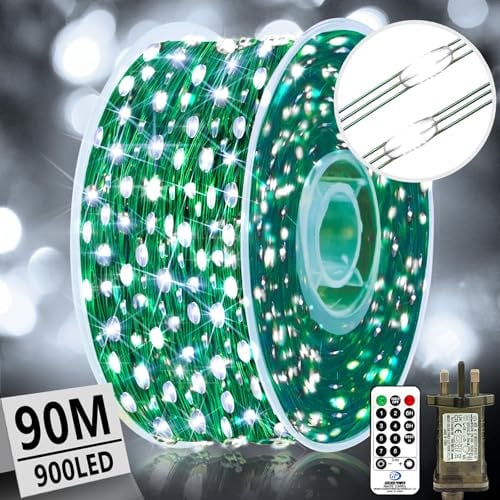 XURISEN 90M 900LED Outdoor Fairy Lights Plug in Christmas Tree Lights Green Copper Wire String Lights Waterproof 8 Modes with Remote Memory for Garden Yard Party Wedding Xmas Decoration- Cool White