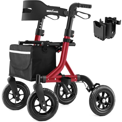 MAXWALK Rollator Faltbar Leicht mit Sitz,25cm Gummi-Reifen für All Gelände | Rollatoren Schmal für Wohnung,Integrierte Seilzugbremse Getränkehalter Stockhalter，Aluminium Rollatoren für Senioren