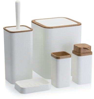 HowHomely Badezimmer Set mit Klobürste Seifenspender Zahnputzbecher Seifenablage und Mülleimer | Weiß Badezimmer Zubehör Set | Modern Badaccessoires Set (Zoya)