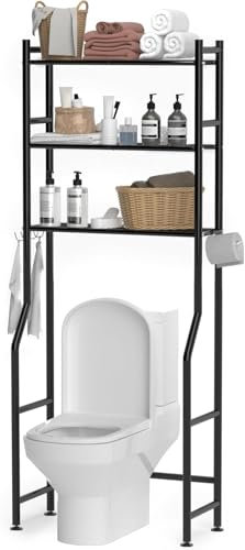 GloTika 3-Tier Over The Toilet Storage, Space Saver Metal Bathroom Shelves, Freestanding Above Over Toilet Storage Shelf with 4 Hooks for Bathroom, Black