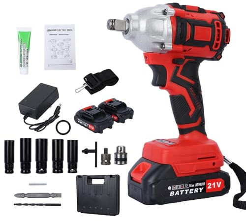Wilitto Cordless Impact Wrench,1/2 Inch High Torque Brushless 21V Impact,520N.m High Torque Electric Wrench with 2 Batteries,Brushless Motor Electric Impact Wrench for Family Cars,Construction Work