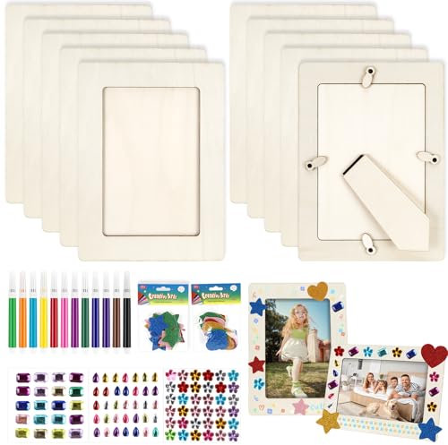 Luziyun 10 Stück Bilderrahmen Holz Set 20x15cm DIY Bastelset mit 3 Sorten Glitzersteinen,3D Schaumstoff Sternstickern Leerrahmen zum Bemalen für Kinder, Deko, Hochzeit, Bemale für Geburtstage