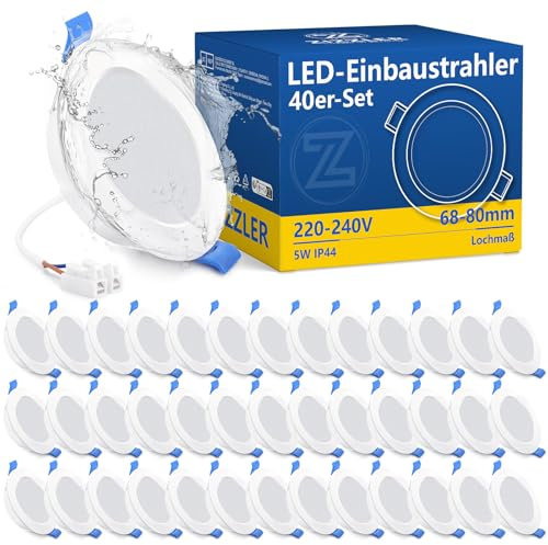 ZIZZLER LED Einbaustrahler 230V Flach, LED Spots 68-80mm Lochmaß, Warmweiß Deckenspots, IP44 Einbauleuchten für Badezimmer Feuchtraum, 5W 3000K Einbauspots für Küche Schlafzimmer Wohnzimmer, 40er Set