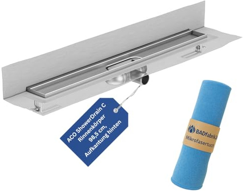 BADfabrik24 ACO ShowerDrain C Duschrinne 98,5 cm – Rinnenkörper mit Aufkantung hinten, Einbauhöhe 5,7–12,8 cm, Edelstahl – inkl. Dichtmanschette & Mikrofasertuch