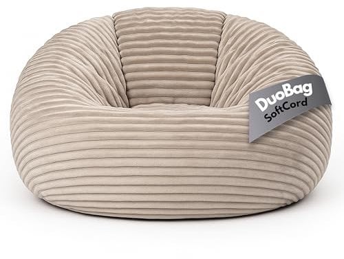 PATCH HOME Deluxe 2 in 1 Cord Sitzsack Sessel Bean Bag – Gaming Sitzsäcke für Erwachsene & Kinder mit Reißverschluss – Bereits befüllt – Ideal zum Sitzen und Liegen (Creme, Ø155 cm)