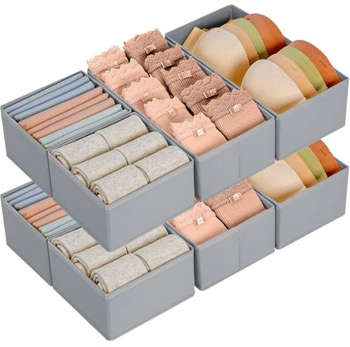 Homsorout Kleiderschrank Unterwäsche Organizer - 8er Set Pax Organizer | Schubladen Organizer, Faltbare Aufbewahrungsbox Stoff Aufbewahrung, Geeignet für kommode, Socken, BHs, Babykleidung, Grau