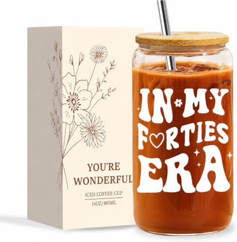 NOOMll 40th Birthday Gifts for Women | 40th Birthday Gift for Women | Glass Cup with Lid and Straw | Cofee Mug for Presents | Present Tumbler 16oz | Unusual Gifts for 40 Years Old Ladies
