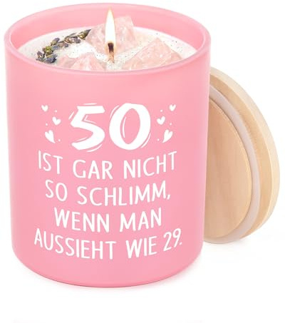 Craftique 50 Geburtstag Frauen, Dekorative 10OZ Duftkerze mit Holzdeckel | Rosa, Geschenk Geburtstag Frau, Geburtstagsgeschenk für Frauen, Freundin, Schwester, Kollegin (50. Geburtstag)