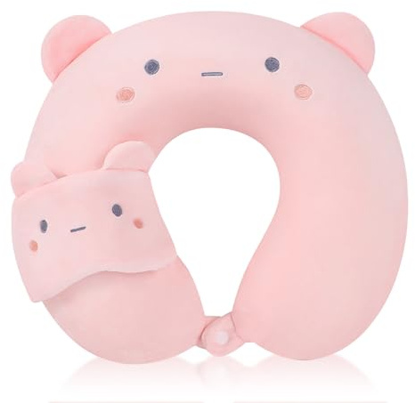 BEKKLPOU Oreiller en Forme De U De Dessin Animé, Coussin De Voyage Enfant, Livré avec Un Masque pour Les Yeux Et La Taie d'oreiller Est Amovible Et Lavable (Ours Rose)