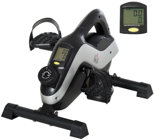 HOMCOM Mini Heimtrainer mit LCD-Display für Senioren Heim Schwarz+Silber | Pedaltrainer für Beintraining, Pedal-Trainer, Befestigungsgurt, Anti-rutschmatte, Beintrainer, Zuhause, Büro
