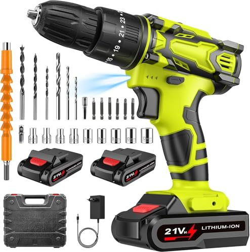 Perceuse Visseuse Sans Fil, 21V Visseuse Devisseuse avec 2 Batteries 2.0Ah, 42Nm Perceuse Percussion, 25+3 Réglages de Couple, 2 Vitesses, LED Light, 29 Accessoires et Valise (Vert)