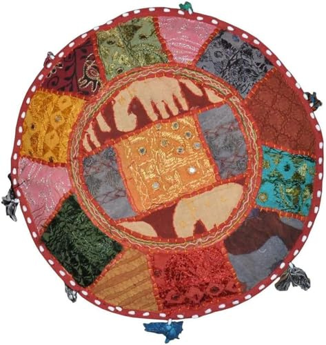Arprani Indische Sitzpuffs, ethnisch, bestickt, indische Baumwolle, rund, Ottomane, Sitzkissen, ethnische Dekoration, Kunstbezug, nur indische Ottomane