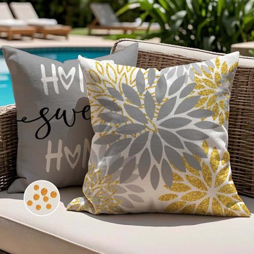 Jayusaror Kissenbezug 40x40 Outdoor Kissen Wetterfest Kissenhülle Grau Gold Dahlien Blumen Zierkissenbezug Cushion Cover Kissenbezüge für Sofa Garten Terrasse Balkon Außenbereich Deko 2er Set