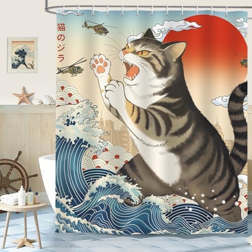 hometrixx Duschvorhang Vintage Lustige Katze Meme Meereswellen 180x200cm | Wasserdicht Polyester, Maschinenwaschbar, Badevorhänge mit 12 Ringe, Schimmelresistent Badezimmervorhang für Dusche Bad