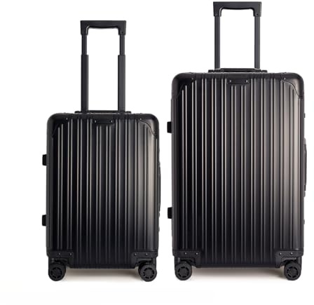 CREATE Luggage Aluminium/Hartschalenkoffer aus Aluminium/doppelter TSA-Verschluss, multidirektionale Räder, Innen-Organizer, wasserdicht, Teleskopgriff, Schwarz , Set: Cabina S y Check-in M