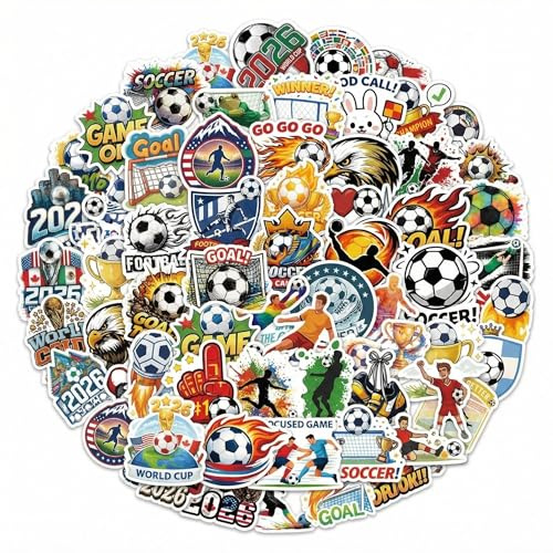 100Pcs 2026 World Football Stickers Waterproof Vinyl Soccer Stickers for Kids Teens Adults Football Fan Decals for Water Bottles Laptop Skateboard Luggage Phone The Big Game Party Supplies Gift