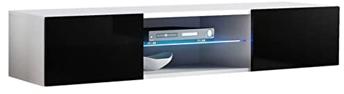 MB Muebles Bonitos | Meuble TV Suspendu avec LED | Meuble TV Mural pour Salon | Blanc et Noir | Longueur 160 x Hauteur 30 x Profondeur 38,5 cm | 2 Portes 3 Compartiments | Modèle Tibi