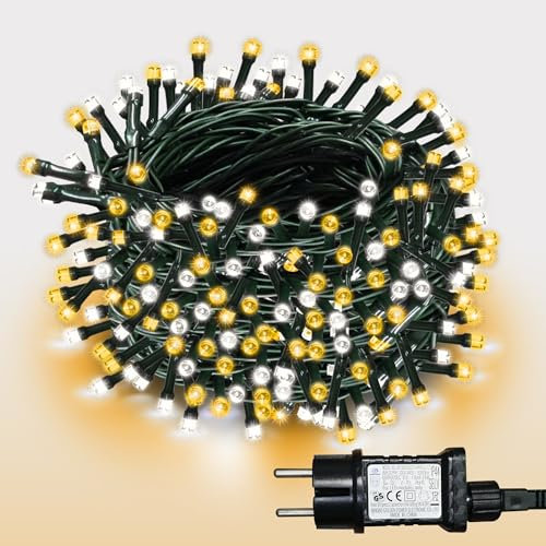 WISD LED Lichterkette 13m, 200er Warmweiß und Weiß - Dimmbare Weihnachtsbeleuchtung auf Dunkelgrün Kabel mit 12 Modi, Timer und EU Stecker - Innen und Außen für Weihnachtsbaum, Balkon, Zimmer, Garten