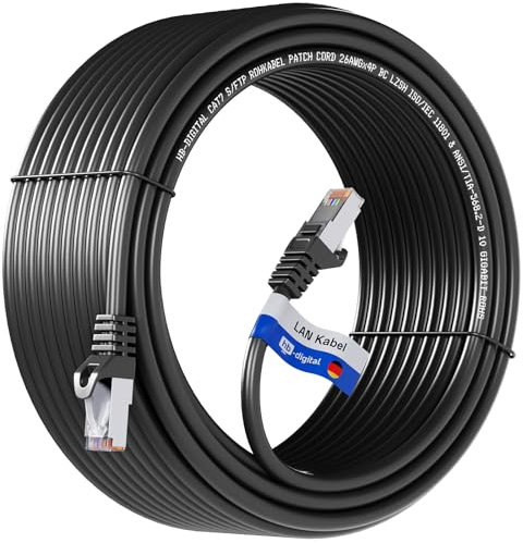 HB-DIGITAL 15m CAT 7 Cable Ethernet LAN S/FTP PiMF LSZH AWG26 Cable de Red con CAT 6A RJ45 Conectores hasta 10 Gbits/600 MHz Ideal para Patchpanel Servidor PC Laptop Smart TV DSL Negro