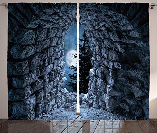 ABAKUHAUS gotisch Rustikaler Vorhang, Vollmond dunkle Höhle, Wohnzimmer Universalband Gardinen mit Schlaufen und Haken, 280 x 225 cm, Grau Blau