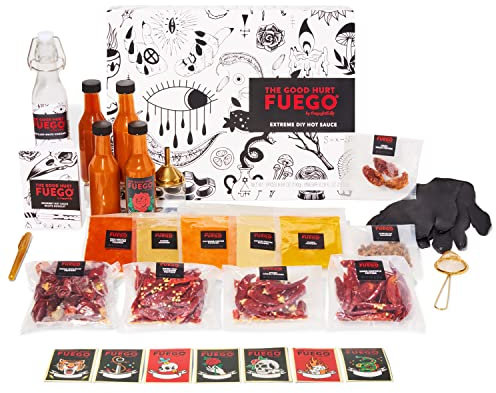 The Good Hurt Fuego by Thoughtfully, juego de salsa picante de bricolaje extremo, 5 variedades de pimienta, especias y embudo, botellas, colador, bolígrafo y más, kit para hacer salsa