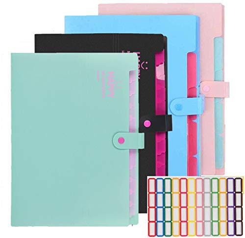 KAHEIGN 4Pcs Ordner A4 Fächermappe, 12 Fächer A4 Dokumentenmappe Dokumenten-Organizer, Erweiterbarer Aktenordner mit 64Pcs Ordner-Etiketten für Schule und Büro