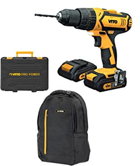 Taladro atornillador inalámbrico de 18 V VITO + 2 baterías de litio 2.0 Ah 18 accesorios + mochila Vito + maletín
