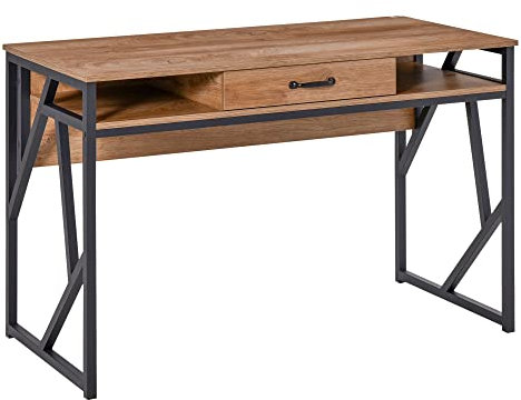 HOMCOM Bureau Style Industriel dim. 120L x 60l x 76H cm tiroir + 2 niches piètement métal Noir Plateau Aspect Bois Noyer