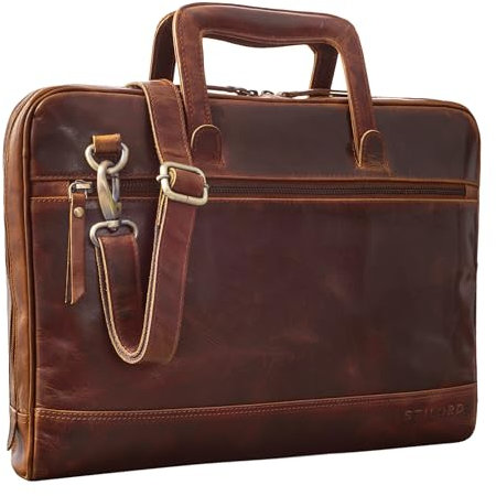 STILORD 'Pierce' Laptoptasche mit Griff Leder Aktentasche 15 Zoll Vintage Dokumententasche A4 Business Bürotasche mit Schultergurt und Handschlaufe, Farbe:porto - cognac
