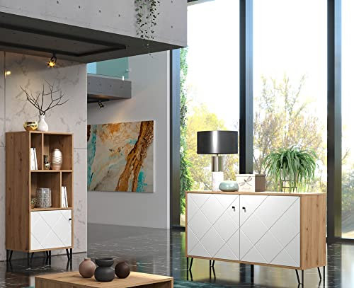Lomadox Wohnzimmer Schrank Kombination in Artisan Eiche Nb. mit weiß matt, B/H/T: ca. 201/136/40 cm