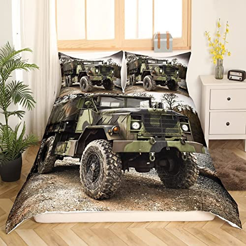 Sunnybed Militär LKW Bettbezug Camouflage Auto Bettwäsche Set Für Kinder Teen Jungen Mann Armee Truppentransport Tröster Abdeckung 3D Druck Fahrzeug Grün Bett Dekor Mit 1 Kissenbezug 135*200+80*80*1