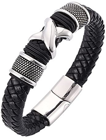 Aotiwe Personalisierte Geschenke Männer Armband, Lustige Geschenke für Männer X Geflochtenes Lederarmband Stahl Schwarz Edelstahl 16.5cm