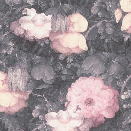 Profhome Floral Wallpaper 369212-GU Non-Woven Wallpaper Grey Black Pink 0.53 m x 10.05 m / 5.33 sqm
