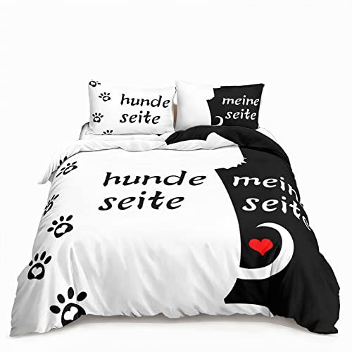 HOTRCR Bettwäsche Hundeseite Meine Seite Schwarz Weiß Romantische Bettwäsche für Paare 3teilig Bettbezug bettwäsche 100 * 132cm DEW08