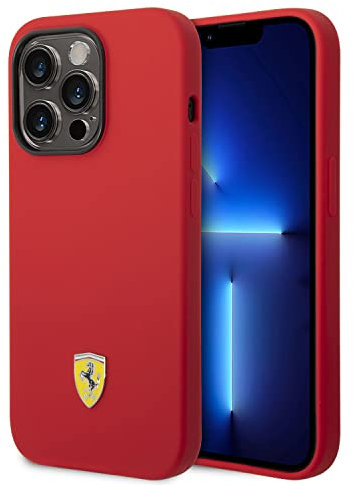 CG MOBILE Ferrari Schutzhülle für iPhone 14 Pro in Rot mit schwarzem Kamera-Umriss, Flüssigsilikon glatt & kratzfest Schutzhülle mit einfachem Snap-on, Stoßdämpfung & Signature Logo