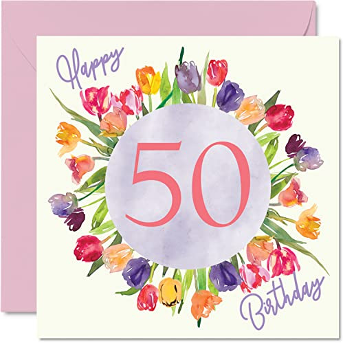 Schöne Geburtstagskarte zum 50. Geburtstag für Frauen, Geburtstagsgeschenke | Aquarell-Tulpen, Blumenstrauß, Happy Birthday-Karte für Ihre Oma, Mama, 145 mm x 145 mm, schöne florale Grußkarten