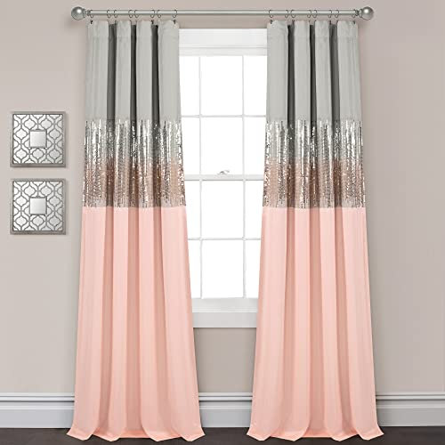 Lush Decor Night Sky Panneau de Rideau de fenêtre doublé 100% occultant, Simple, 106,7 cm de Large x 213,4 cm de Long, Gris et Rose poudré – Paillettes Scintillantes et Blocs de Couleurs – Décoration