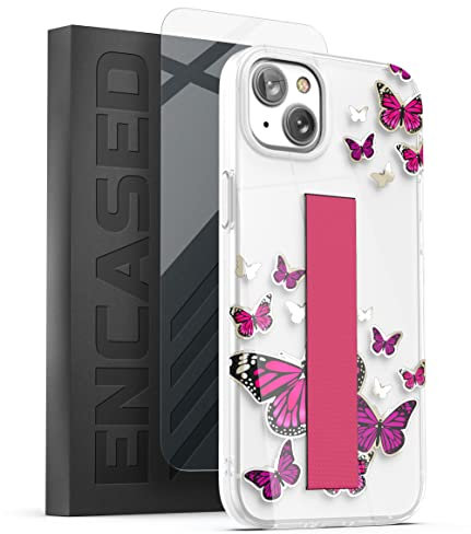 Encased Bando Series Designed for iPhone 14 Case with Hand Strap Loop and Screen Protector (Clear with Pink Butterfly)
