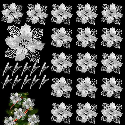 ZDQC 20 Stücke Christbaumschmuck Glitter Poinsettia,Weihnachtsschmuck Baumschmuck Künstliche Weihnachtsblumen Deko für Weihnachtsbaum Weihnachtskranz Ornamente (Silber)