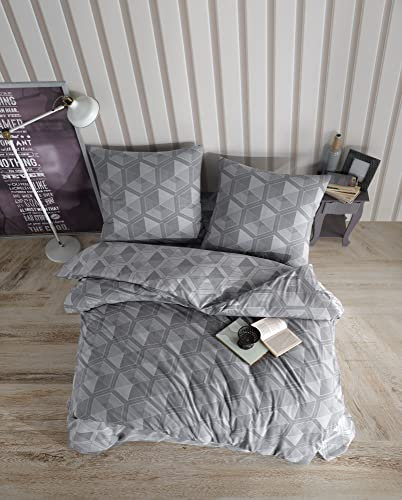 ZIRVEHOME Bettwäsche 200x200 cm 3 teilig Baumwolle anthrazit Wende Bettbezug mit geometrischem Muster 200x200cm Reißverschluss 2 Kissenbezüge 80x80 cm Modell Meva V1