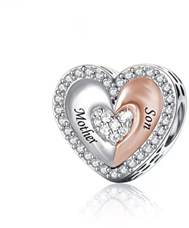 M&S Mother Son charm Split Rose Gold Silver Love Heart Charm Bead Pendant, 925 Sterling Silver Dangle Charm, Compatible With Pandora & European Bracelet …