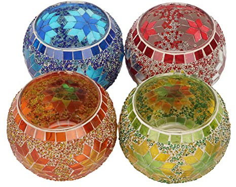 BTOSEP Kerzen-Teelichthalter, 4 Stück Mosaik-Kerzenhalter aus Glas, Handgefertigt, Bunt, Romantisch, Mosaik-Kerzenhalter aus Glas, Dekoration Zuhause, Bar, Abendessen, Party,
